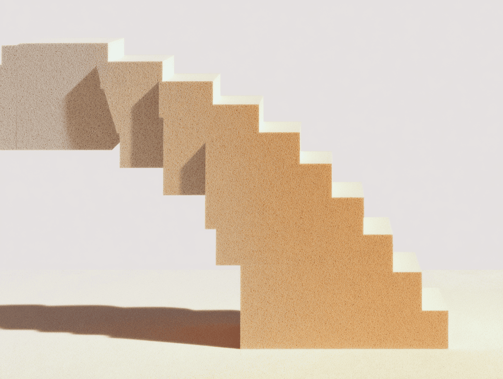 Escalier 3D beige aux marches descendantes, accompagné d'un cube isolé en haut à gauche, sur fond crème uniforme avec ombre douce projetée au sol.