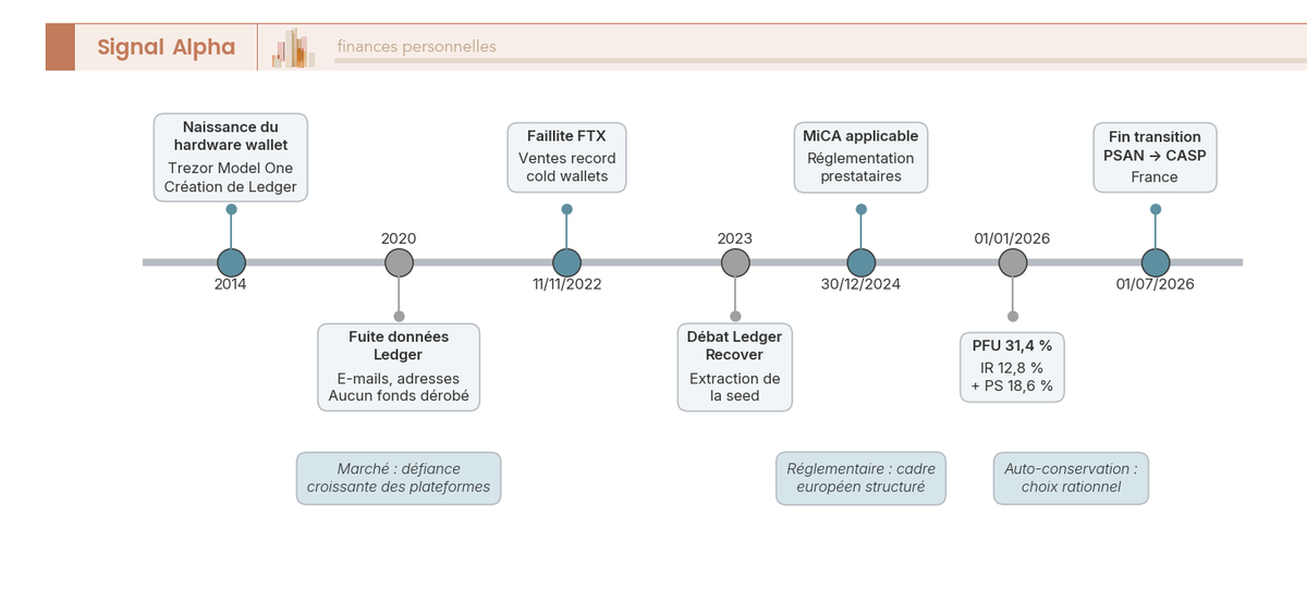 Frise chronologique 2014-2026 des jalons marché et réglementaires ayant rendu l'auto-conservation crypto par cold wallet incontournable.