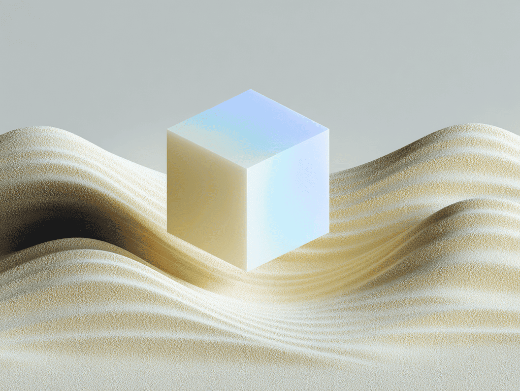 Cube translucide aux reflets bleutés et rosés flottant au-dessus de dunes de sable ondulées beige, sous une lumière douce, sur fond clair uni.