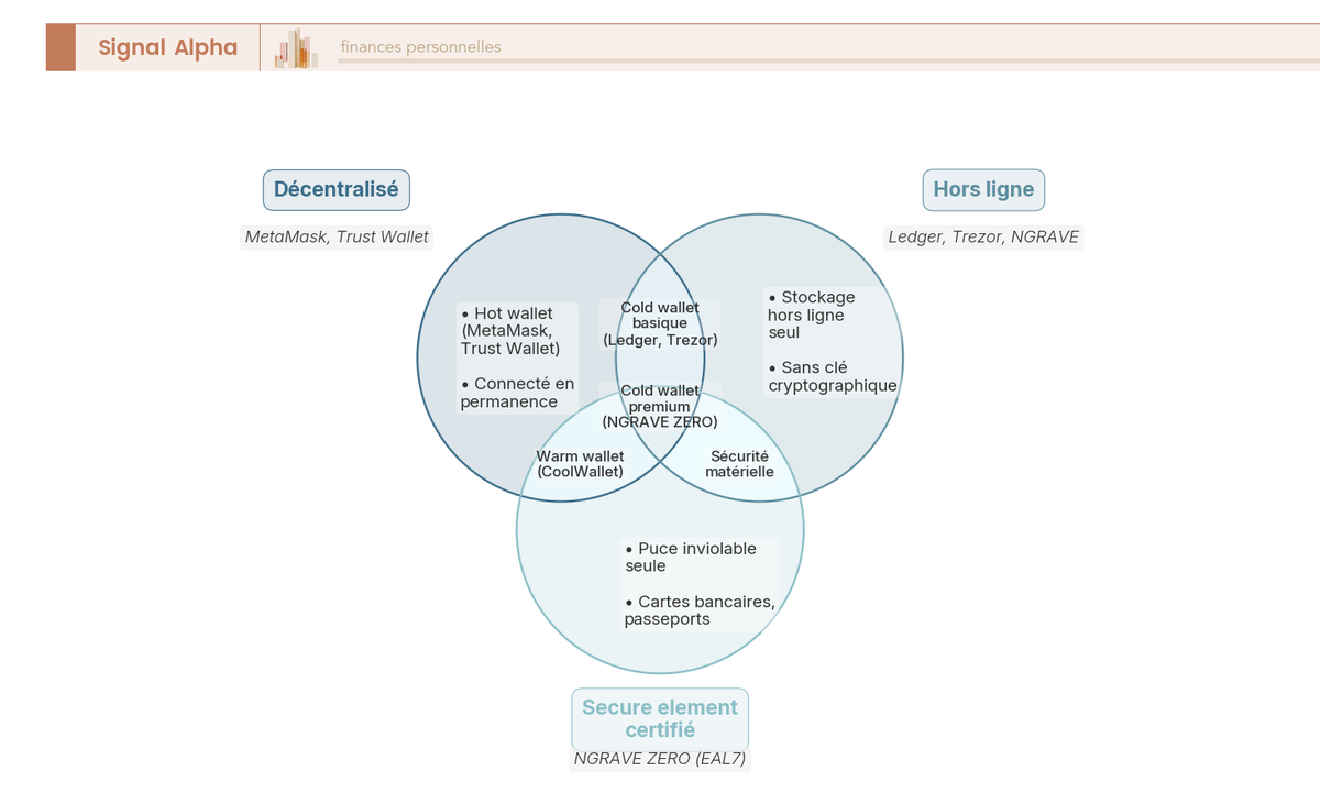 Diagramme de Venn à trois cercles (décentralisé, hors ligne, secure element) situant hot, warm et cold wallets selon leurs propriétés.