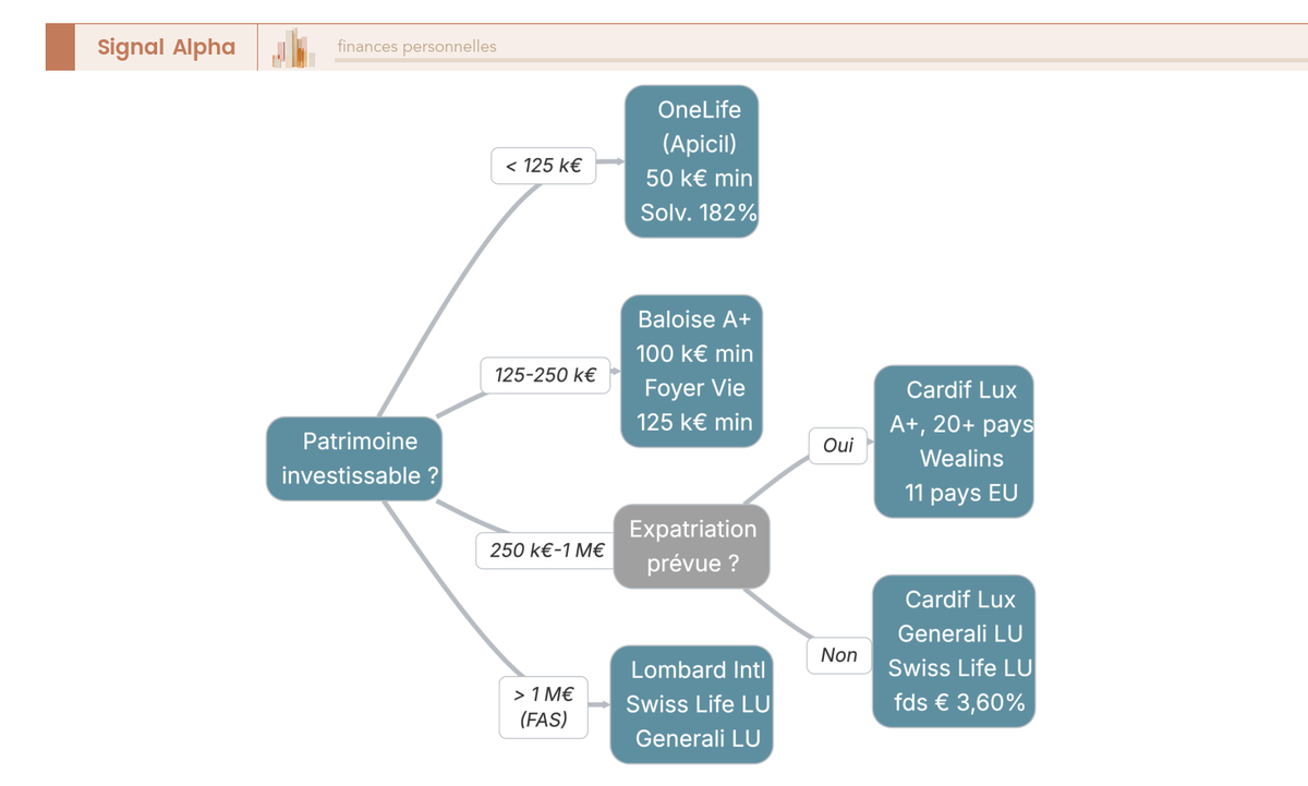 Arbre de decision guidant le choix d'un assureur luxembourgeois selon le patrimoine (de 50 000 a plus de 1 million d'euros) et le profil (resident francais, expatrie, family office).