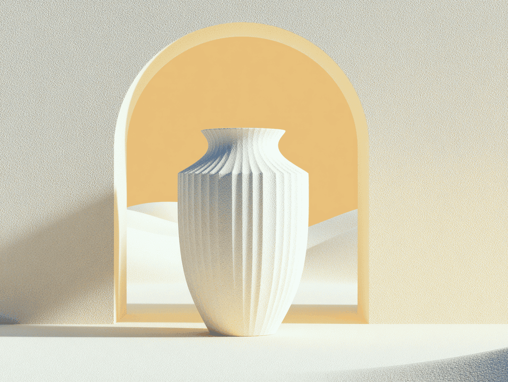 Urne cannelée blanc crème aux stries verticales posée devant une arche dorée ouvrant sur des dunes de sable