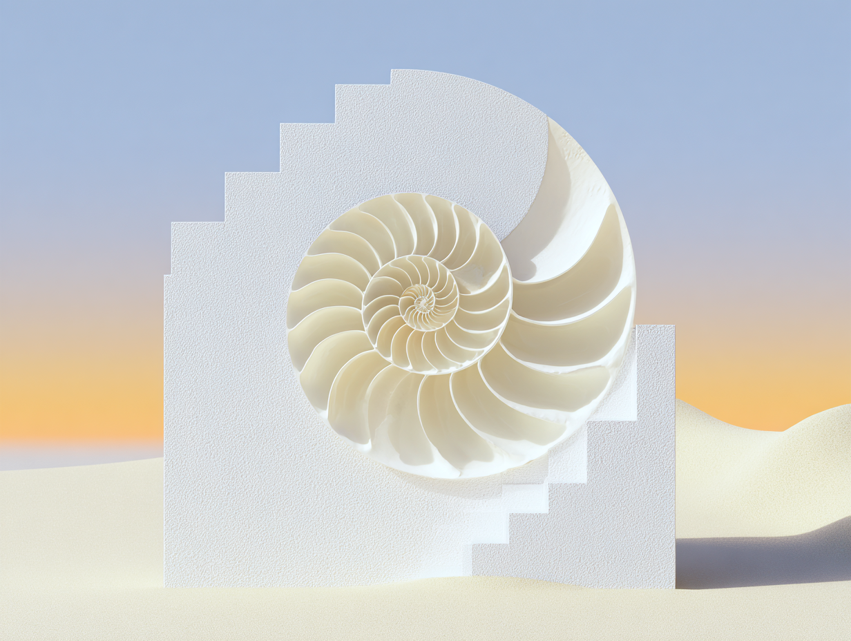 Coquille de nautile en spirale logarithmique enchâssée dans un bloc à gradins blancs, sur fond de dunes sableuses et ciel pastel