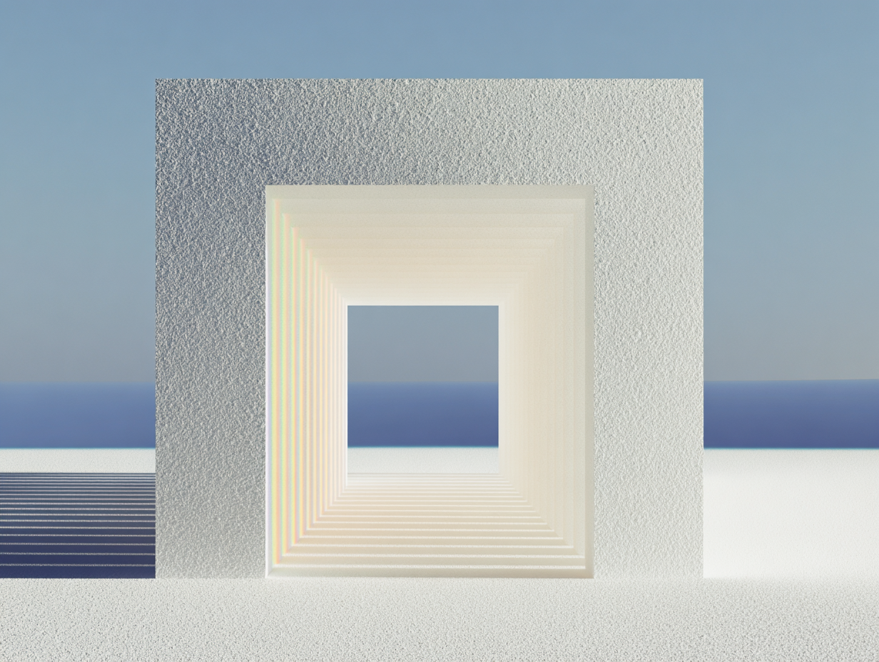 Cadres carrés imbriqués formant un tunnel en perspective sur fond de ciel bleu et horizon marin, surface texturée blanche et reflets irisés