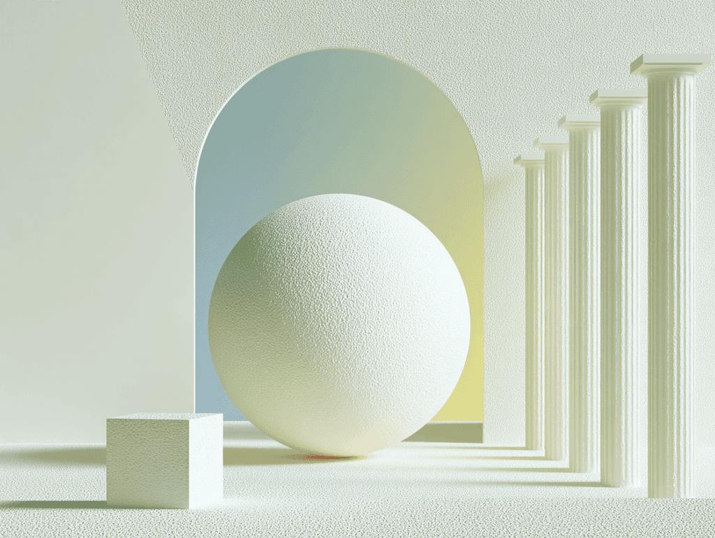Sphère texturée beige devant une arche arrondie, cube à gauche et colonnes cannelées à droite, lumière latérale douce sur fond crème.