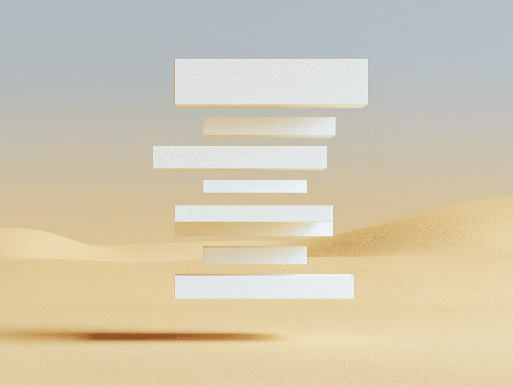 Dalles blanches horizontales empilées en lévitation au-dessus de dunes de sable beige, sur fond de ciel gris pâle