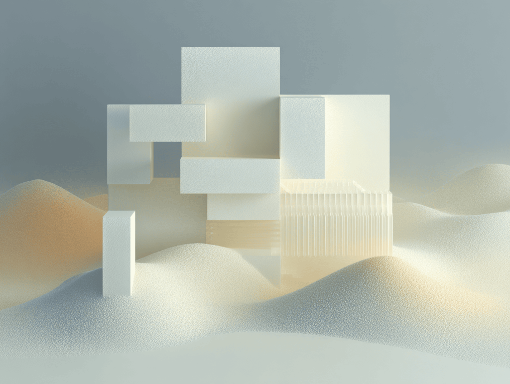 Blocs rectangulaires blancs superposés en hauteur sur des dunes sableuses aux tons beige et gris pâle, composition 3D minimaliste