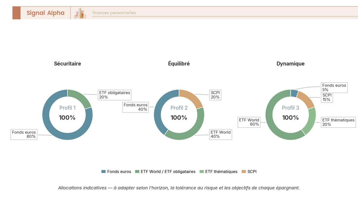 Trois diagrammes en anneau representant les allocations types recommandees pour profils securitaire, equilibre et dynamique en assurance vie.