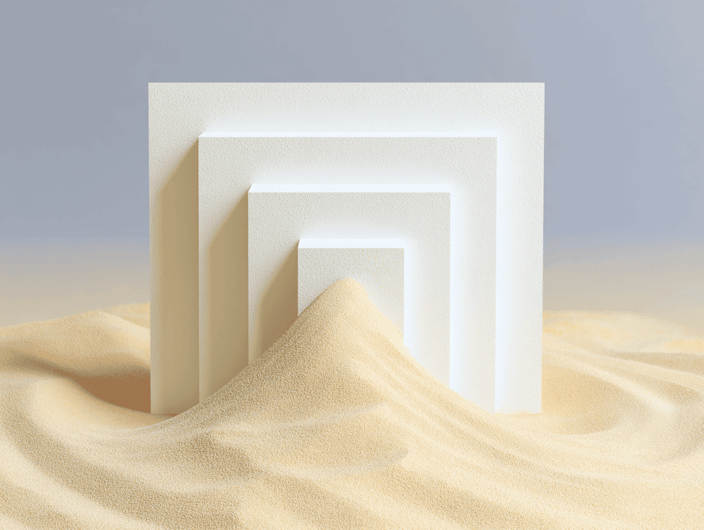 Trois cadres rectangulaires imbriqués en escalier, surfaces mates beige clair, posés sur des dunes de sable ondulées, fond gris neutre.