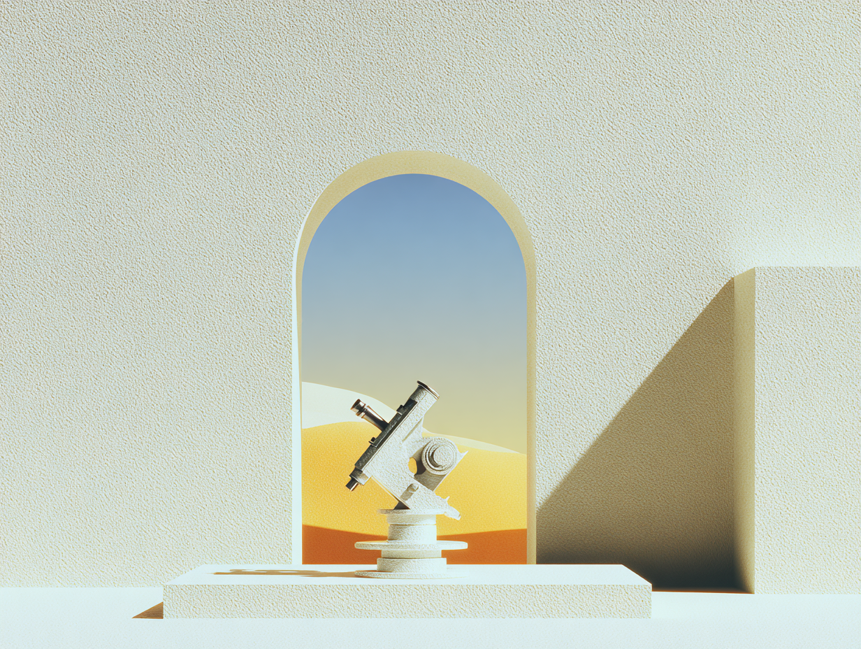 Théodolite blanc posé sur un socle devant une arche cintrée ouvrant sur des dunes sable et ciel bleu dégradé, mur texturé beige et ombre portée à droite.