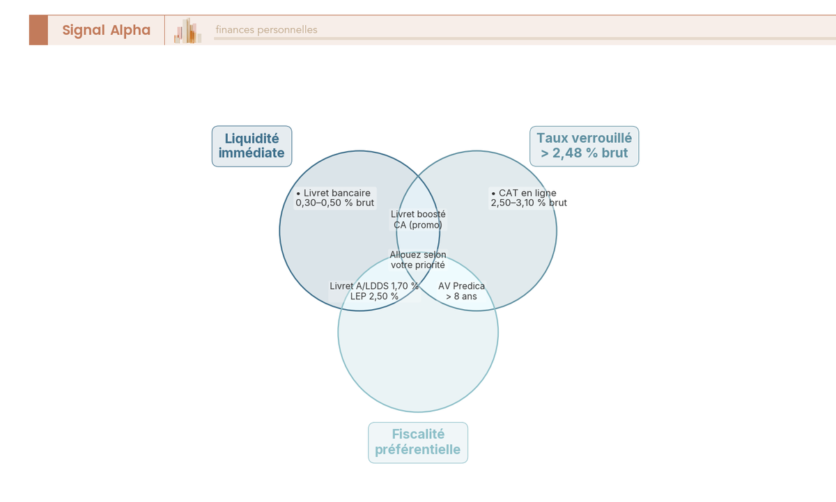 Diagramme de Venn à trois cercles (liquidité, taux au-dessus du seuil de bascule 2,48 %, fiscalité avantageuse) montrant qu'aucun placement sécurisé ne réunit les trois critères en 2026.