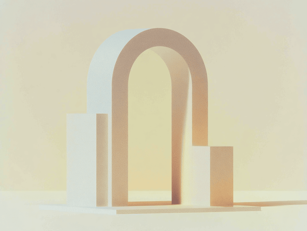 Scène 3D minimaliste sur fond sable : un portique arqué clair encadré par deux blocs rectangulaires de tailles inégales, posés sur un plan horizontal, lumière diffuse.