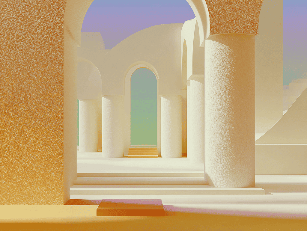 Galerie à arcades et colonnes blanches en perspective, lumière dorée traversant les ouvertures