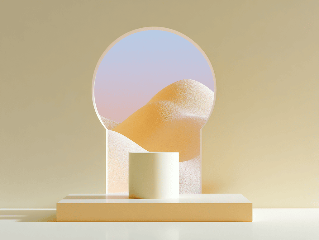 Cylindre blanc et socle rectangulaire devant un grand cercle découpé révélant des dunes dorées, fond beige