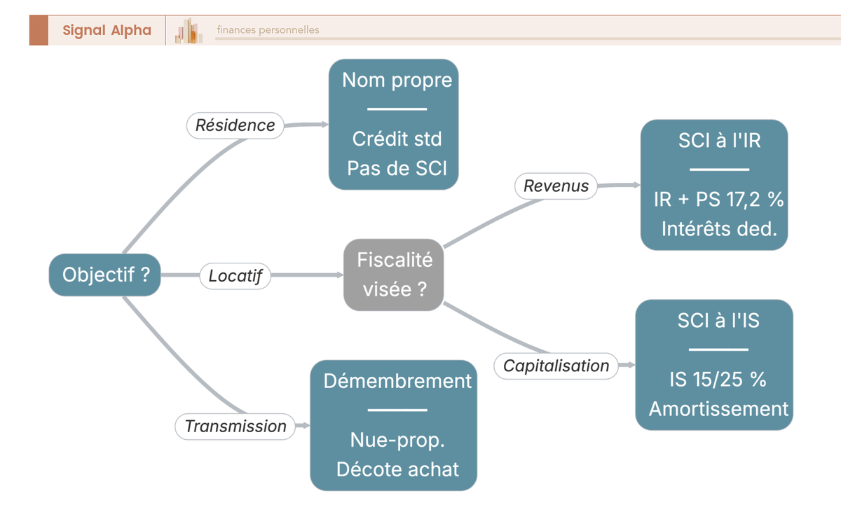 Arbre de décision orientant vers achat en nom propre, SCI à l'IR, SCI à l'IS ou démembrement selon l'objectif et la fiscalité visée.