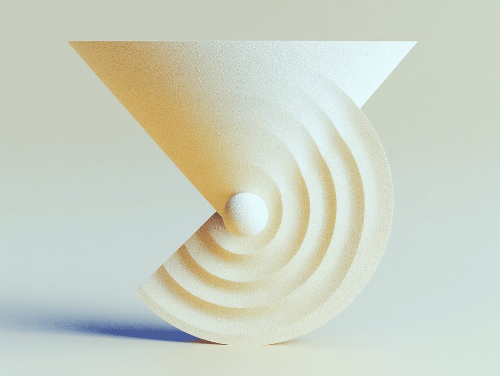 Composition 3D beige : un quart de disque strié d'arcs concentriques surmonté d'une petite sphère, traversé par une voile triangulaire pointant vers le haut, sur fond sable clair.