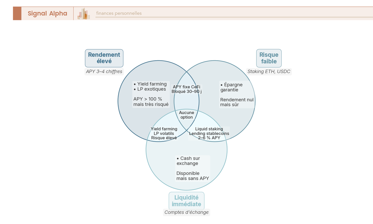 Diagramme de Venn a trois cercles (rendement eleve, risque faible, liquidite immediate) montrant qu'aucune option ne reunit les trois.