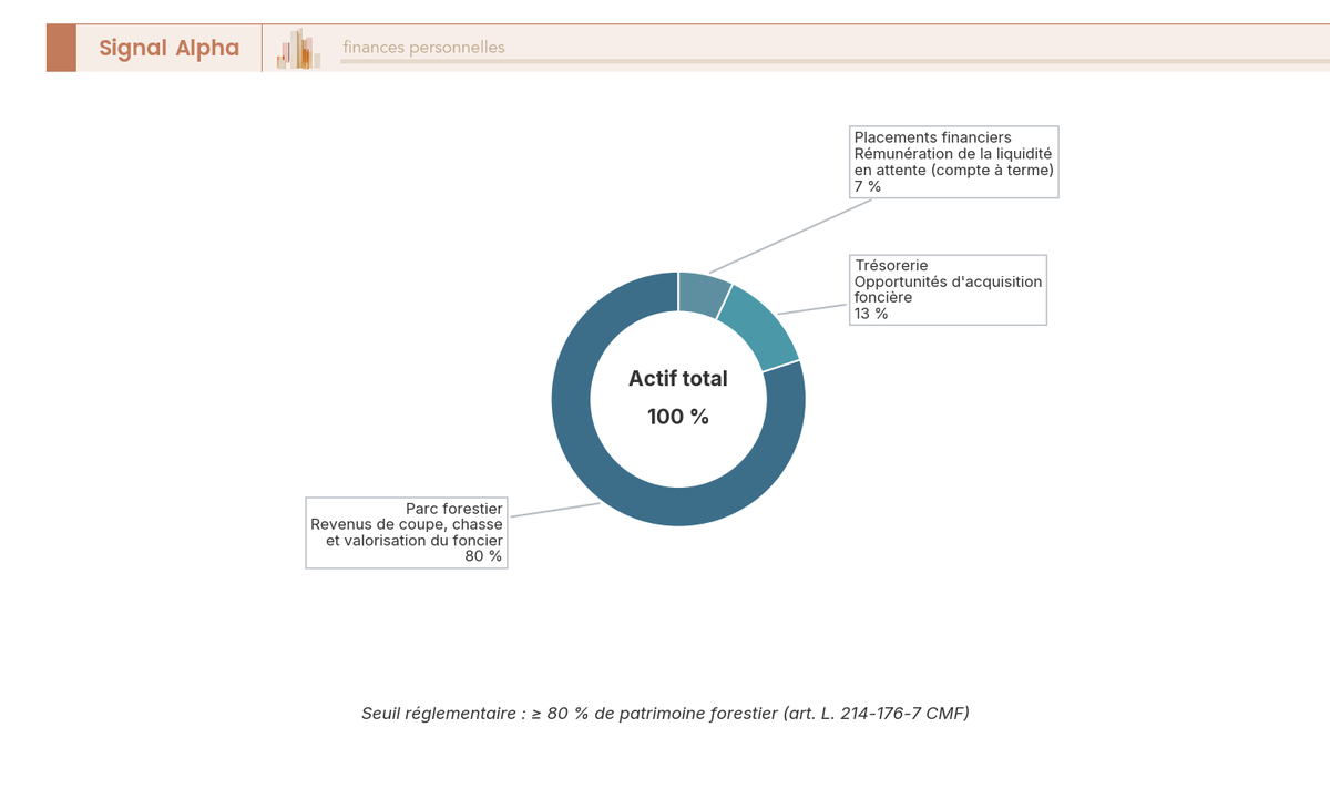 Diagramme en anneau de la repartition de l'actif d'un GFI : parc forestier environ 80 %, tresorerie 10 a 15 %, placements financiers residuels.