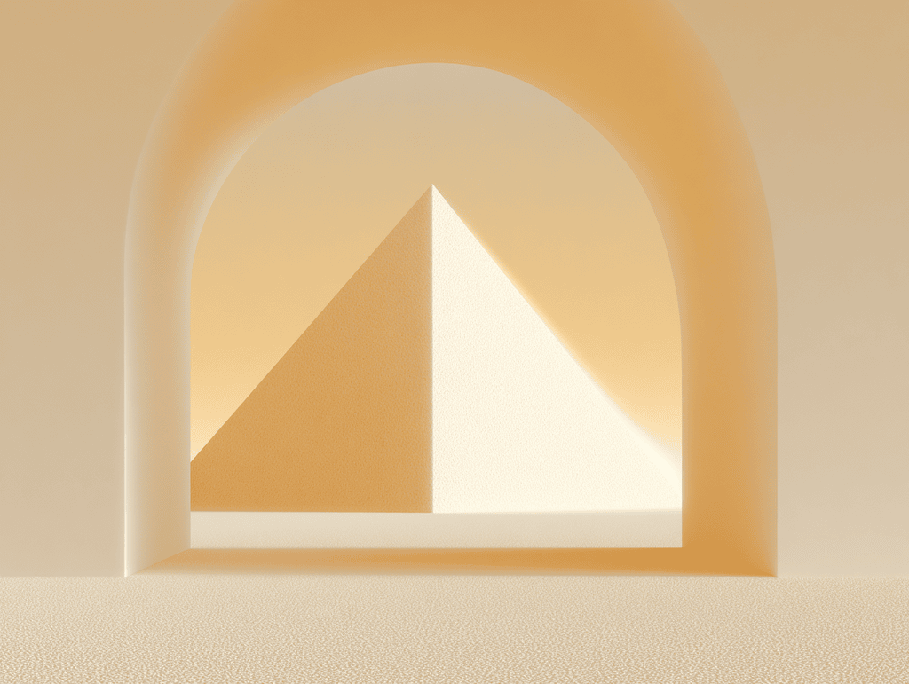 Pyramide géométrique centrée sous une arche arrondie, tons sable et beige clair, surface texturée au premier plan