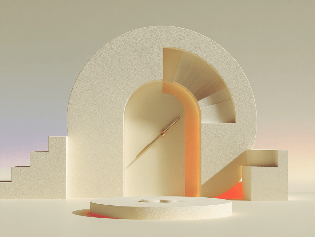 Arche semi-circulaire encadrant un escalier hélicoïdal, blocs géométriques sur fond beige