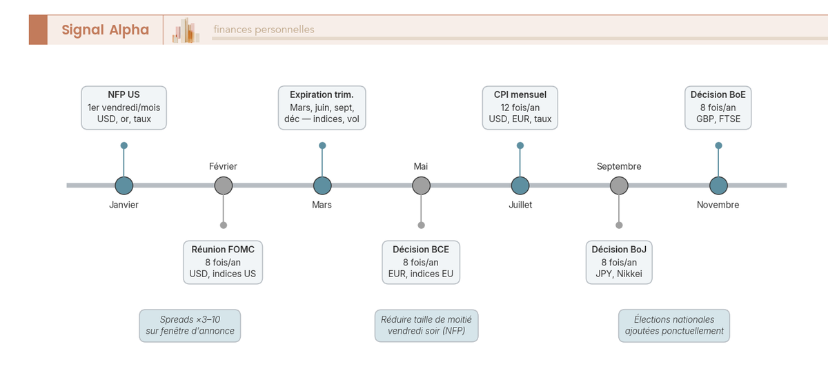 Frise chronologique sur douze mois annotant les NFP mensuels, les huit reunions FOMC, les decisions BCE, BoE, BoJ, les CPI et les quatre expirations trimestrielles d'options.