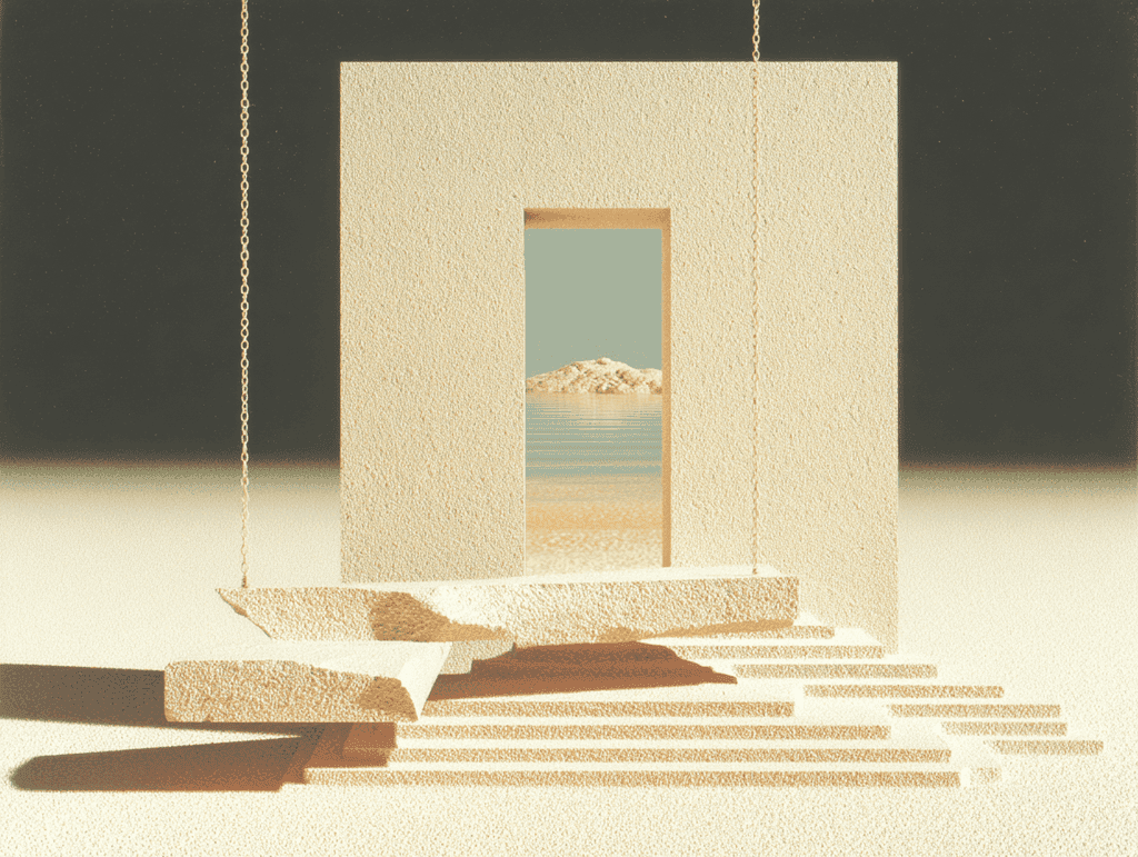 Mur monolithe beige percé d’une porte ouvrant sur un horizon brumeux ; devant, un escalier en gradins descend d’une plateforme et un fil fin pend à gauche, lumière douce sur fond sable.