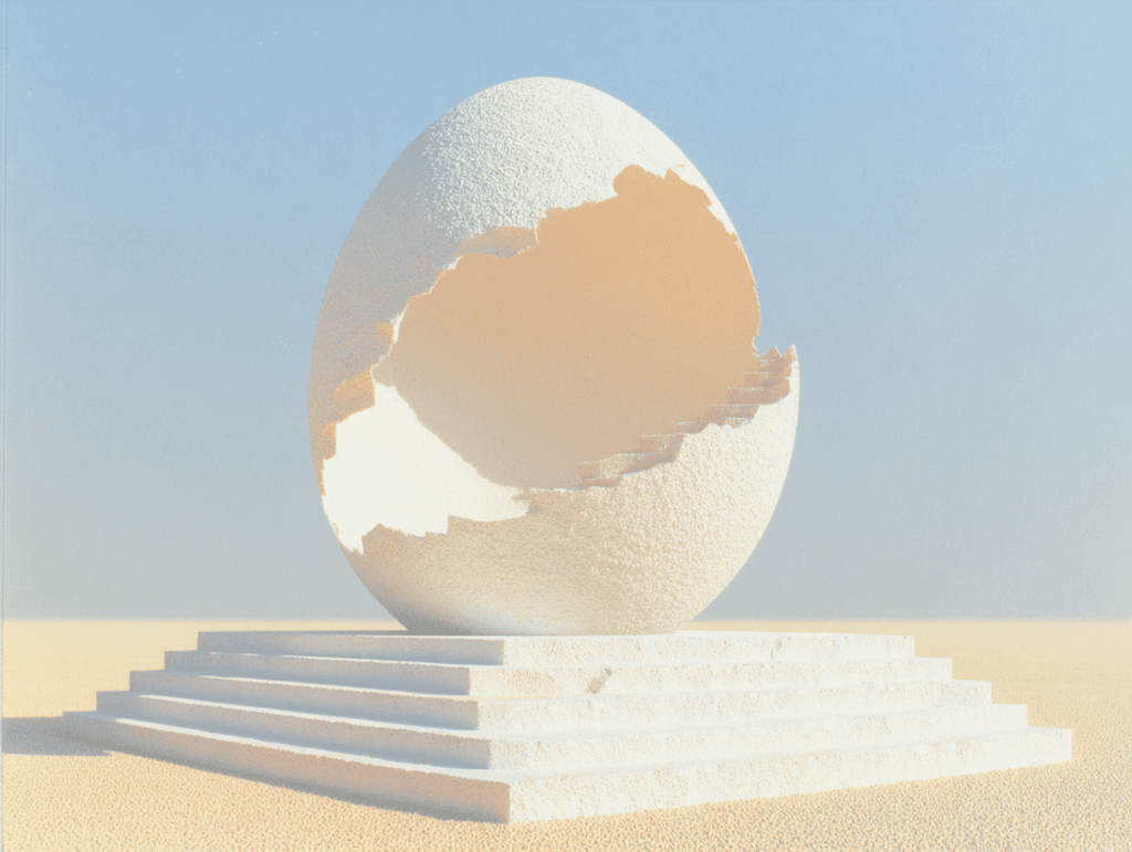 Forme ovoïde beige à la coquille supérieure brisée laissant voir un creux, posée sur un socle carré à degrés, sur une plaine sableuse sous un ciel clair, tons sable monochromes.