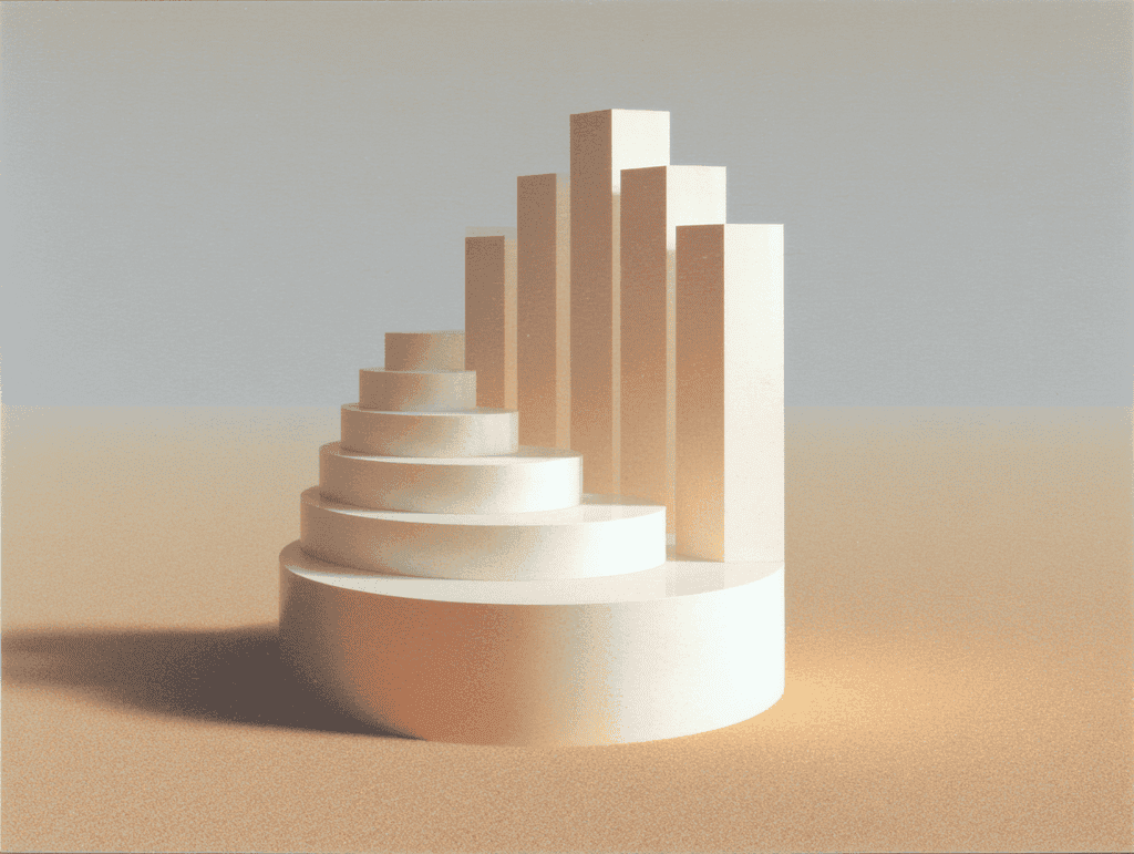 Composition 3D beige : à gauche un empilement de disques cylindriques en escalier, à droite une rangée de barres verticales de hauteur croissante, sur fond sable uni.