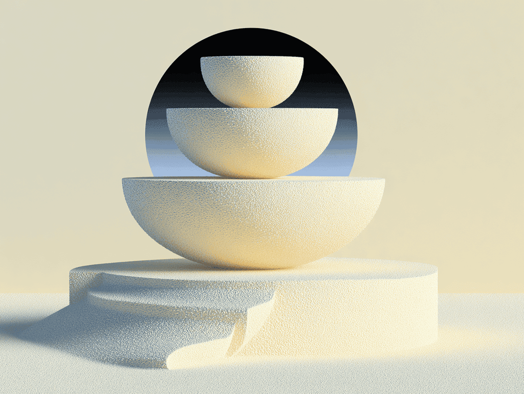 Trois coupes hémisphériques beige mat empilées du plus large au plus étroit sur un socle cylindrique, devant un disque sombre, sur fond sable uni.