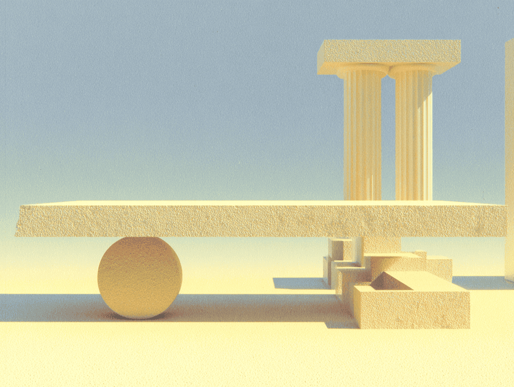 Plateau horizontal en équilibre sur une sphère, surmonte un escalier en gradins. À droite, une colonnade classique tronquée se dresse sur fond sableux uni.