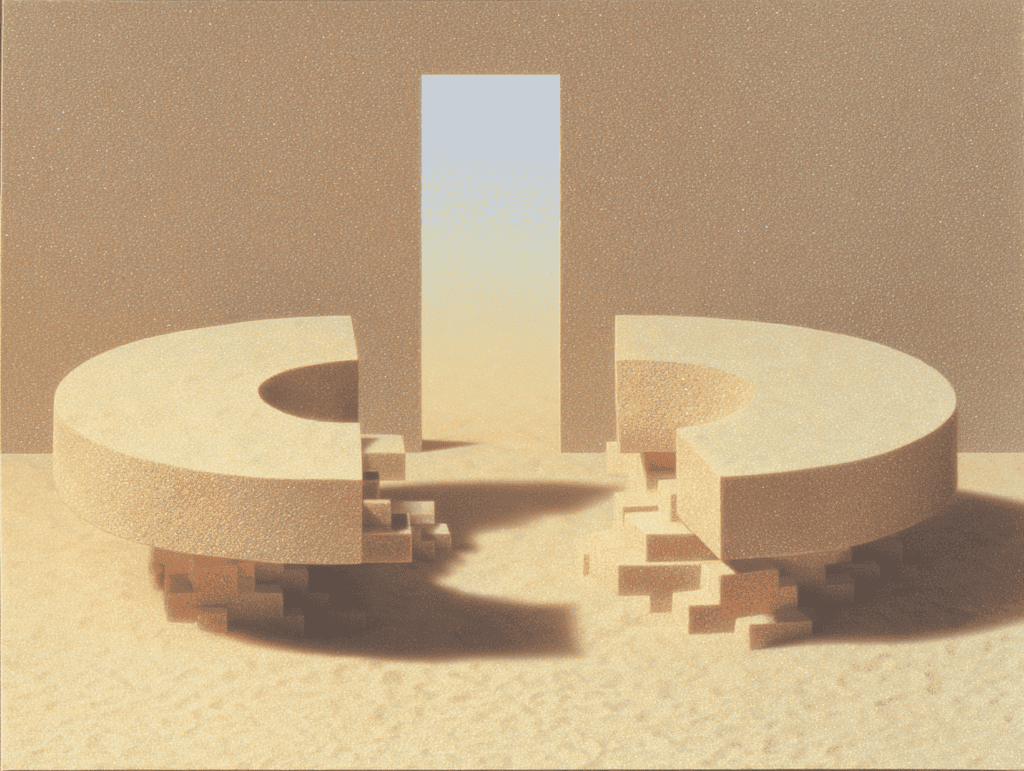 Composition 3D beige sablée : un anneau circulaire ouvert se désagrège en cubes empilés à gauche, un monolithe rectangulaire vertical s'élève au centre, fond d'horizon brumeux.