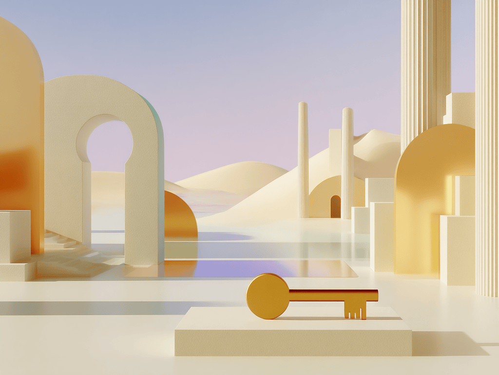 Arches multiples et clé dorée au premier plan, colonne cannelée et dunes en arrière-plan