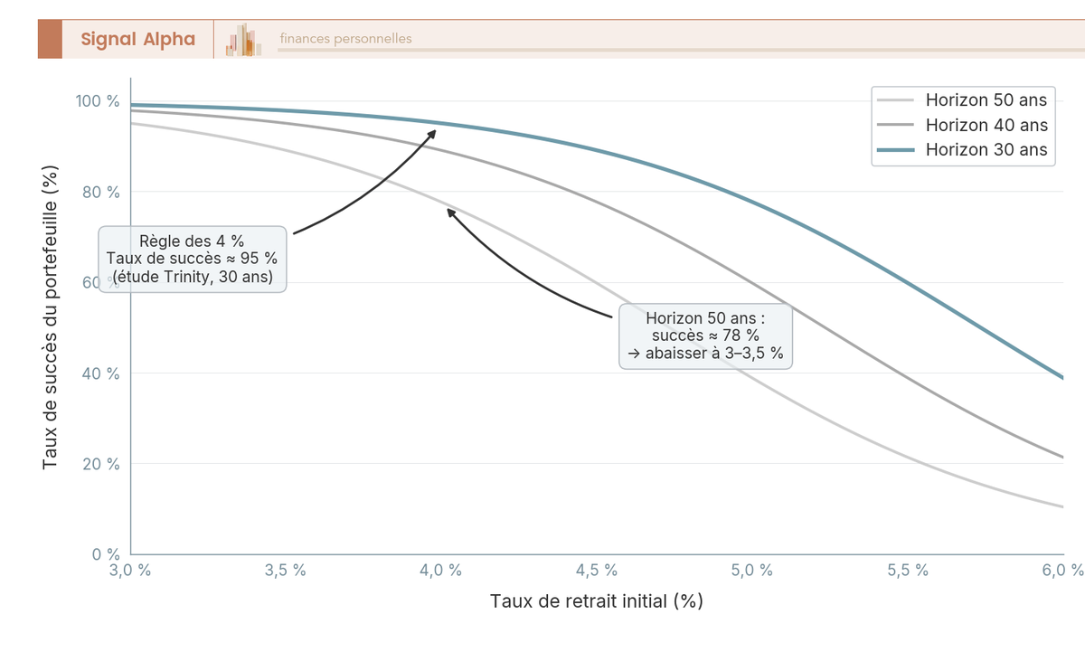 Graphique en courbes du taux de succès d’un portefeuille selon le taux de retrait (3-6 %) pour trois horizons de retraite (30, 40, 50 ans).