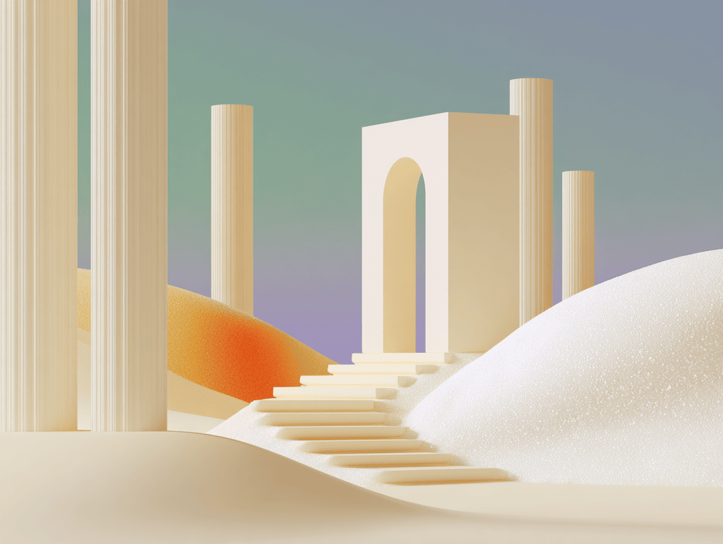 Colonnes blanches et arche avec escalier, dunes orangées ondulantes en arrière-plan