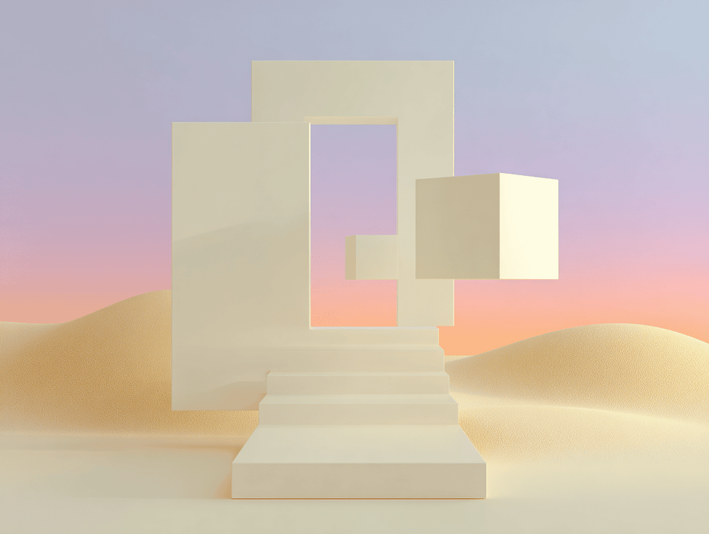 Cadres rectangulaires imbriqués et cube flottant sur escaliers blancs, dunes et ciel dégradé violet