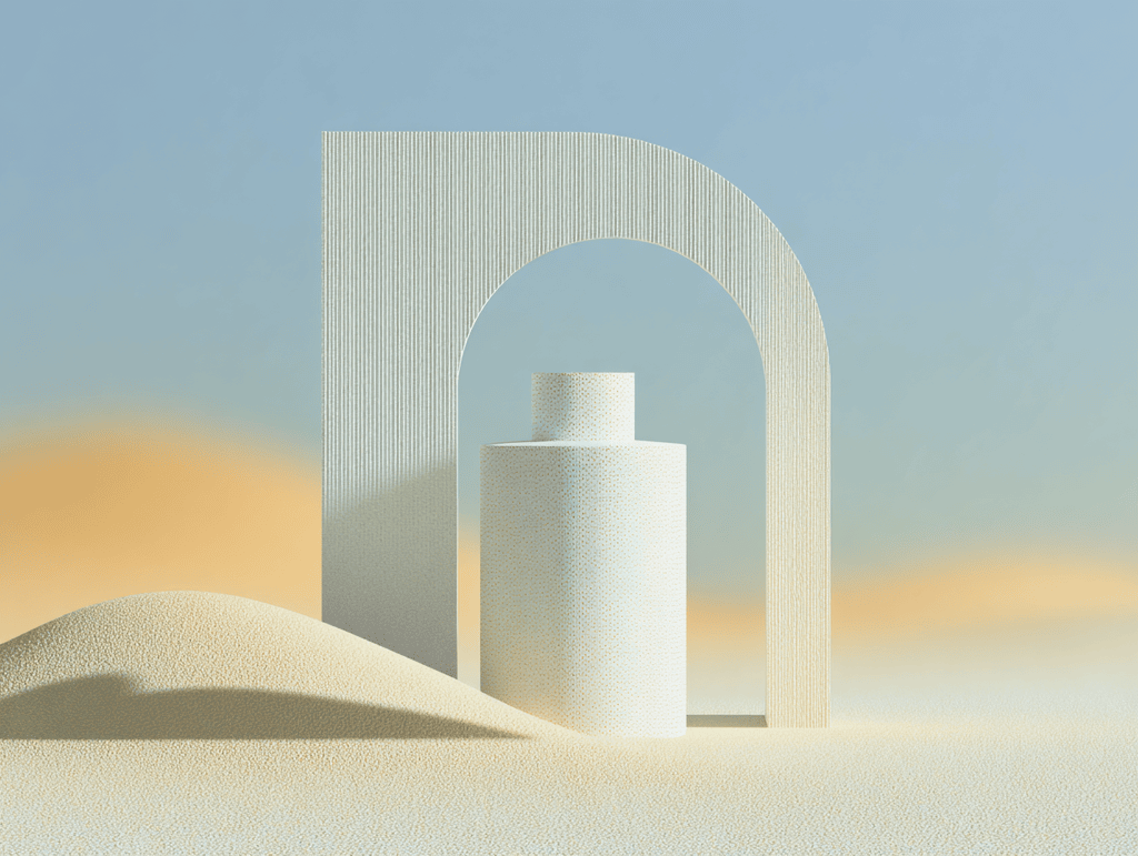 Composition 3D minimaliste monochrome en tons sable : formes géométriques abstraites évoquant le classement et l'accumulation d'épargne, éclairage doux, espace négatif généreux.