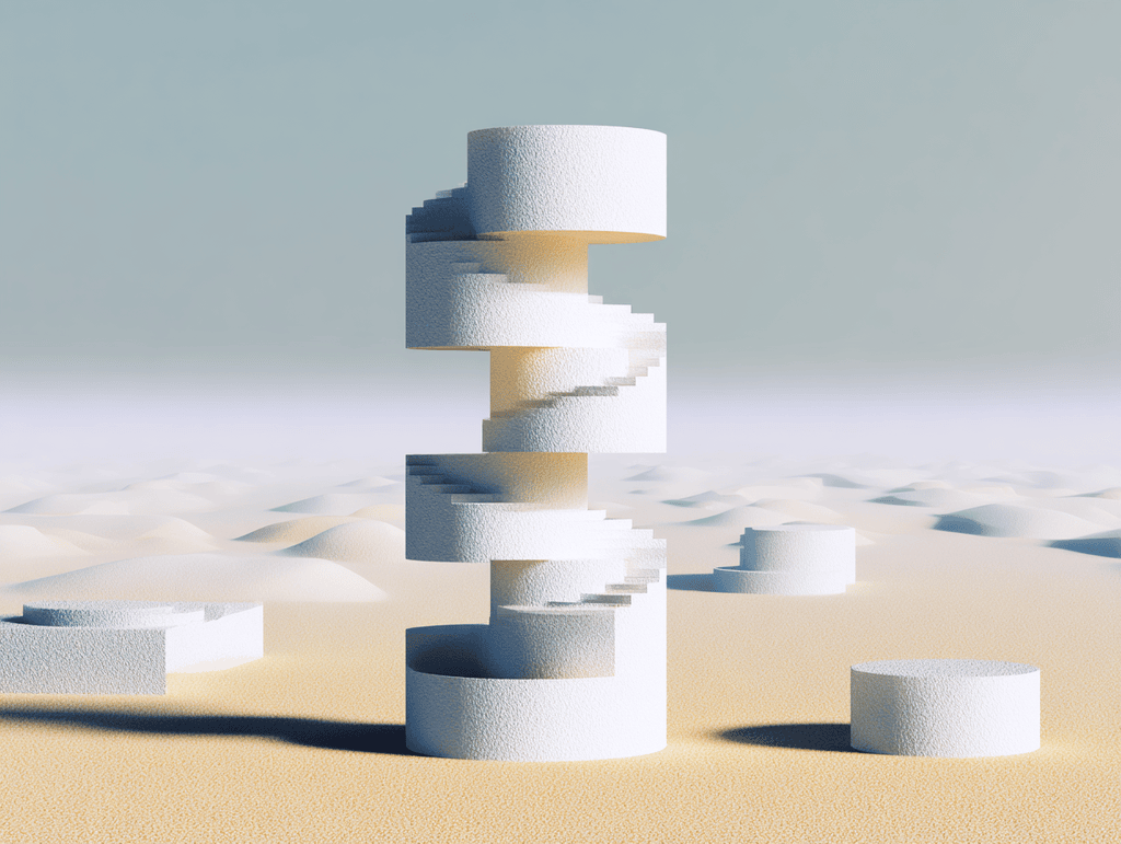 Tour de disques cylindriques blancs empilés en léger décalage, sur une étendue de sable beige parsemée de petites buttes, devant un ciel bleu pâle dégradé.