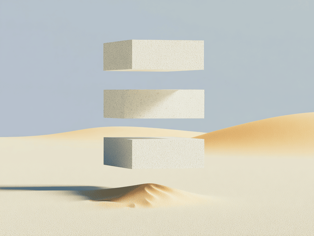 Trois dalles rectangulaires beiges empilées à l’horizontale, séparées par des intervalles, posées sur des dunes de sable clair sous un ciel bleu pâle.