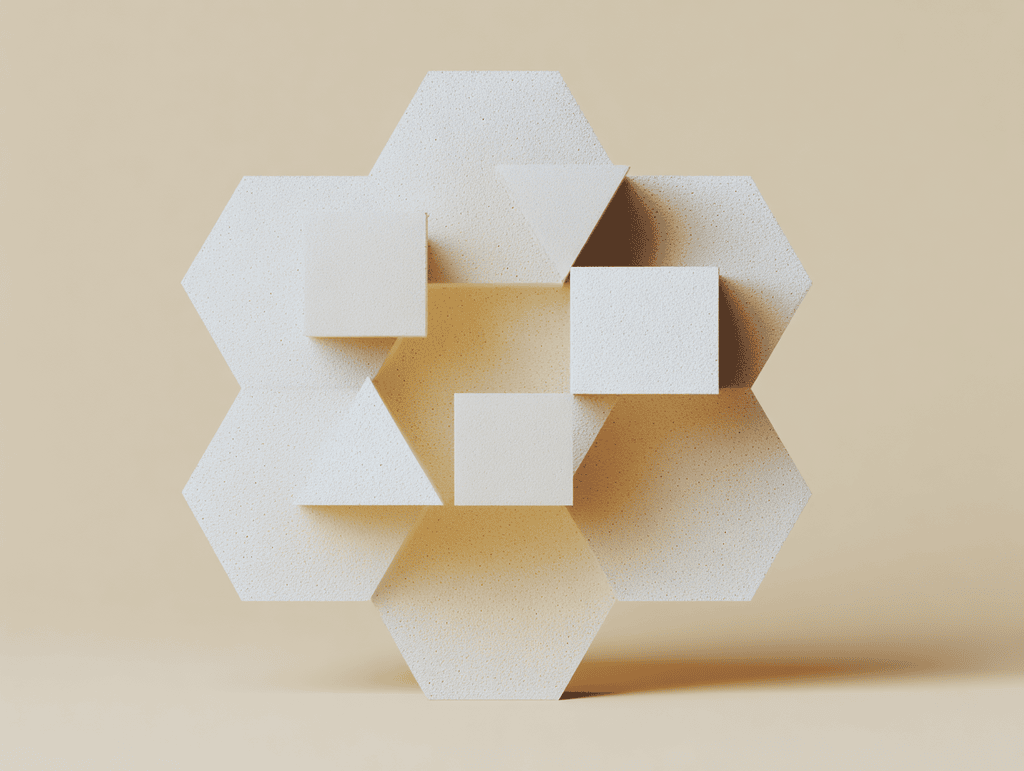 Composition 3D minimaliste sur fond sableux beige uni, une forme centrale épurée posée sur un plateau lisse, lumière rasante douce et ombres allongées, palette monochrome sable et terre.