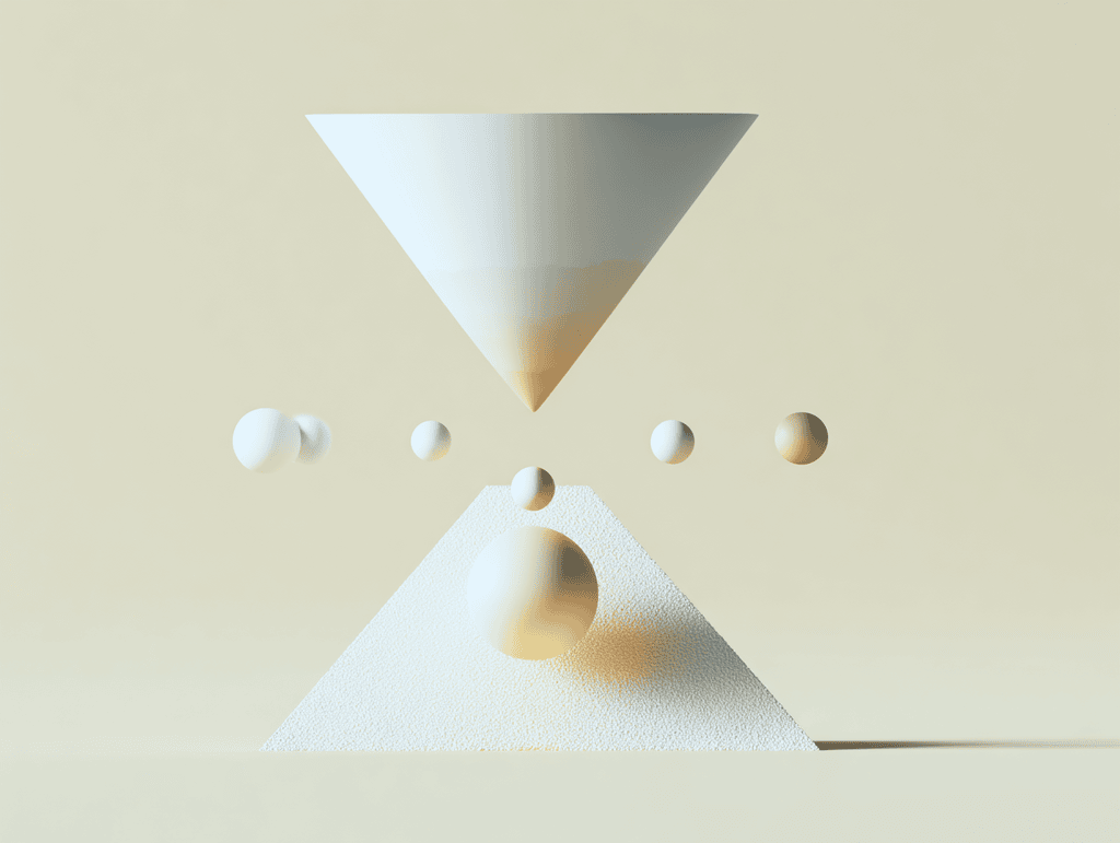 Composition 3D beige et sable : un cône inversé pointe vers le bas au-dessus d'une rangée de petites sphères, surmontant une pyramide texturée où s'enchâsse une sphère plus grande.