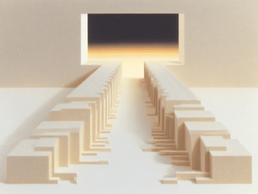 Deux rangées symétriques de blocs beiges en gradins convergent vers une ouverture lumineuse rectangulaire au fond, sur un sol et un fond sable, sous une lumière chaude et rasante.