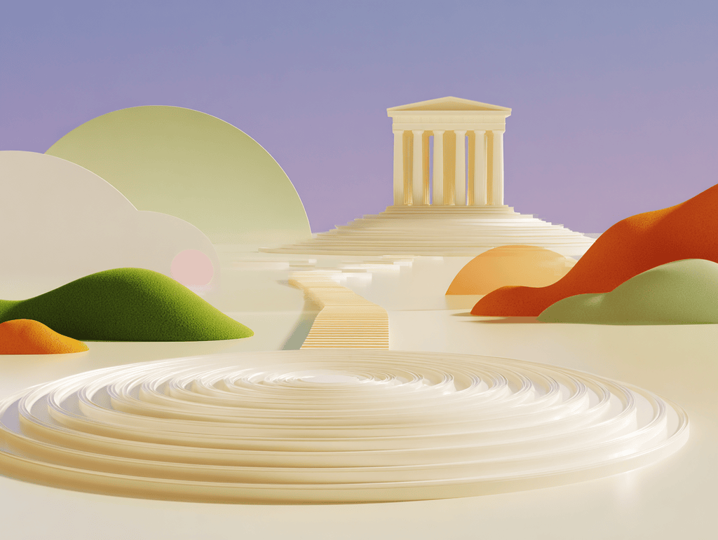 Temple à colonnes sur colline, spirale concentrique au premier plan, collines colorées en fond