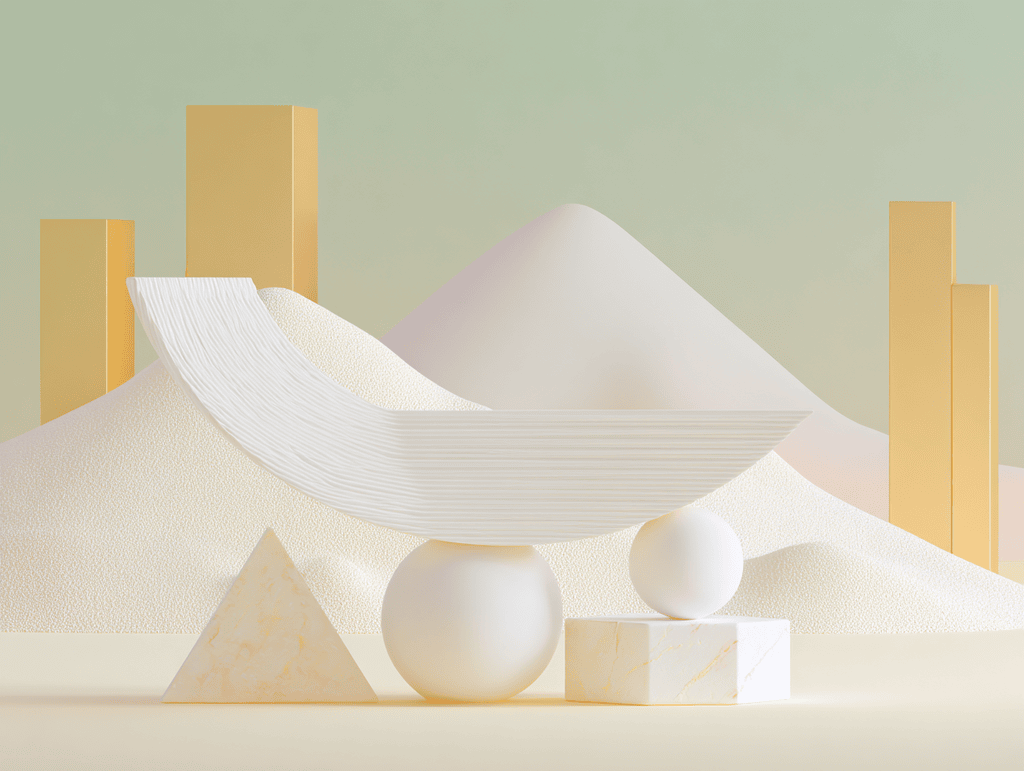 Coque blanche incurvée et sphère sur un plan beige, colonnes dorées verticales en arrière-plan, fond vert pâle