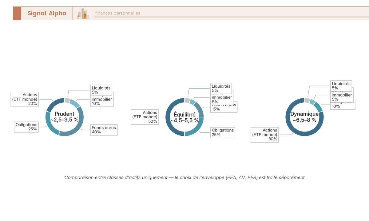 Trois diagrammes en anneau comparant les parts d'actifs des profils prudent, équilibré et dynamique.