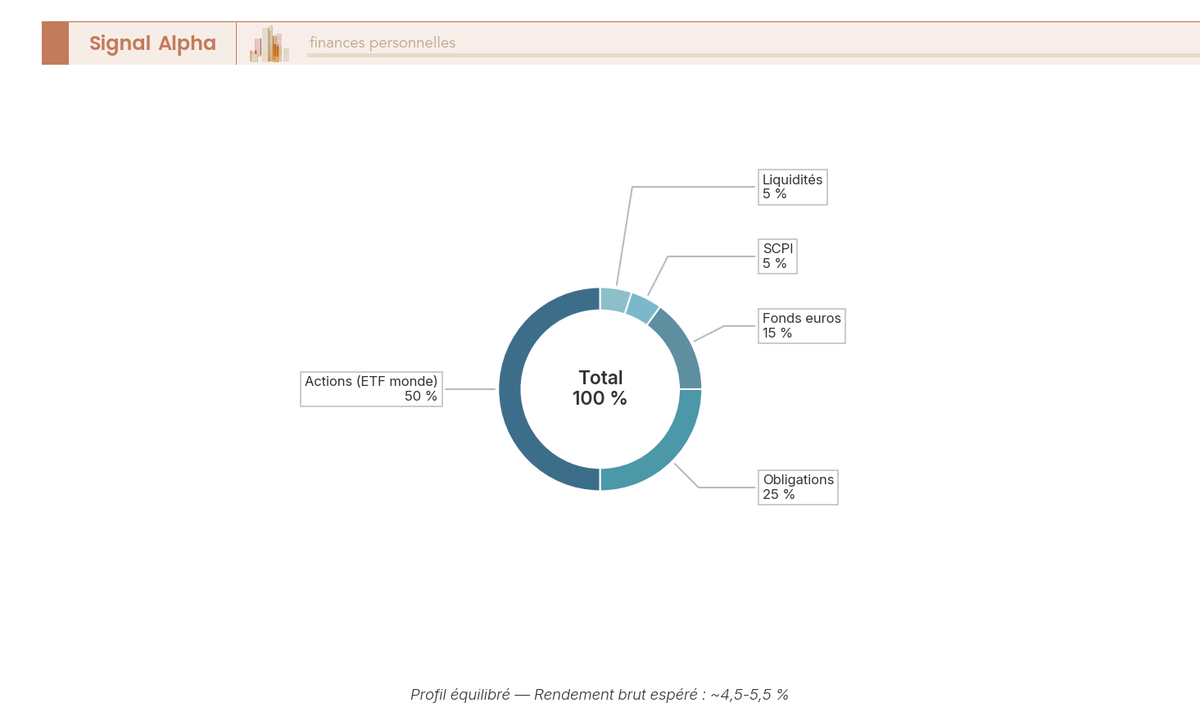 Diagramme en anneau de l'allocation cible d'un portefeuille équilibré entre cinq classes d'actifs, total 100 %.