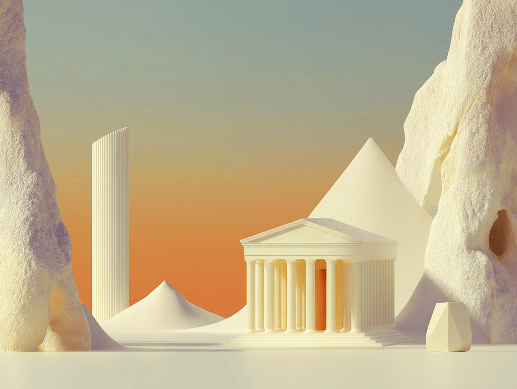 Temple à colonnes et pyramide blanche, falaises enneigées et ciel orangé en arrière-plan