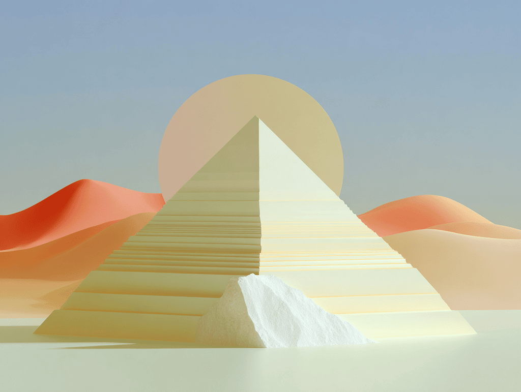 Grande pyramide beige devant un disque doré, dunes rouges et orangées en arrière-plan