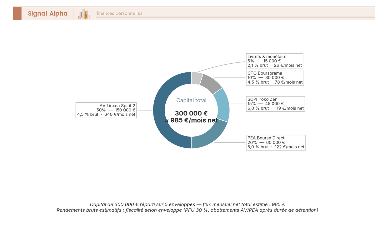 Diagramme en anneau représentant la répartition d'un capital de 300 000 euros en cinq couches : assurance-vie 50 pourcent, PEA 20 pourcent, SCPI 15 pourcent, CTO 10 pourcent, liquidités 5 pourcent.