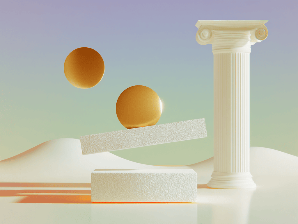 Deux sphères dorées flottantes, colonne cannelée et podiums blancs sur fond pastel