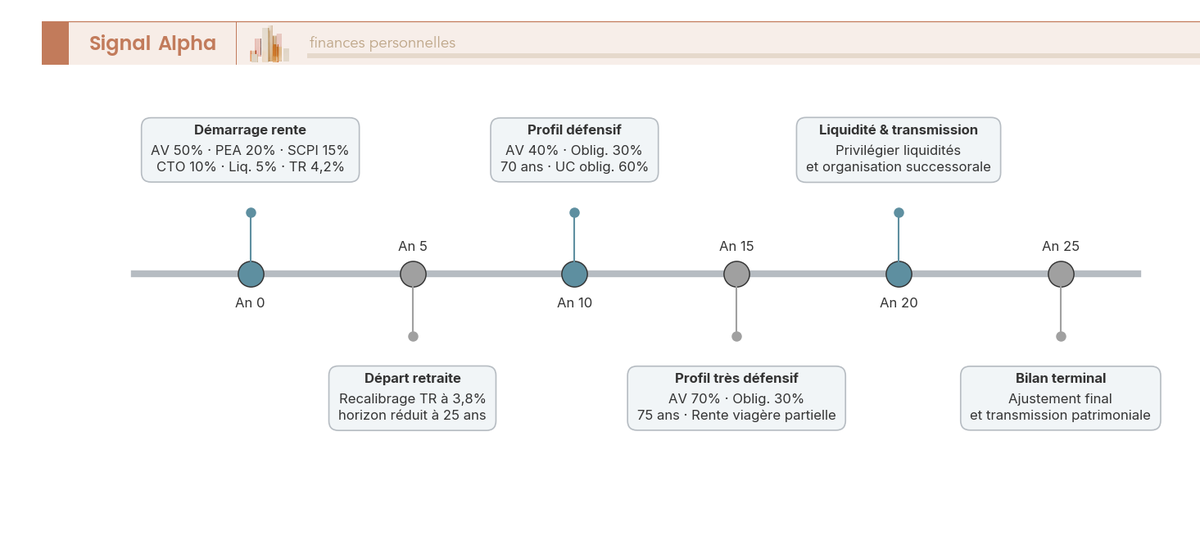 Frise chronologique annotée aux bornes 0, 5, 10, 15, 20 et 25 ans, indiquant pour chaque borne l'allocation cible, le taux de retrait appliqué et les événements clés.